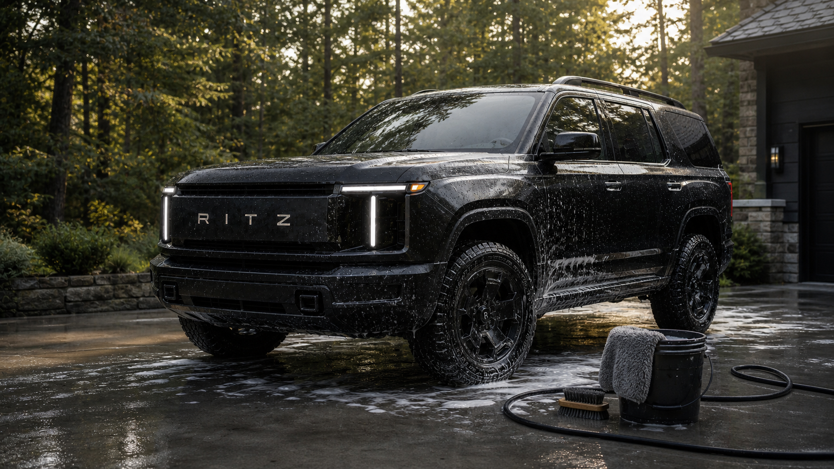 Ritz Motors vehicle being washed in a driveway with hose, bucket, and brush
